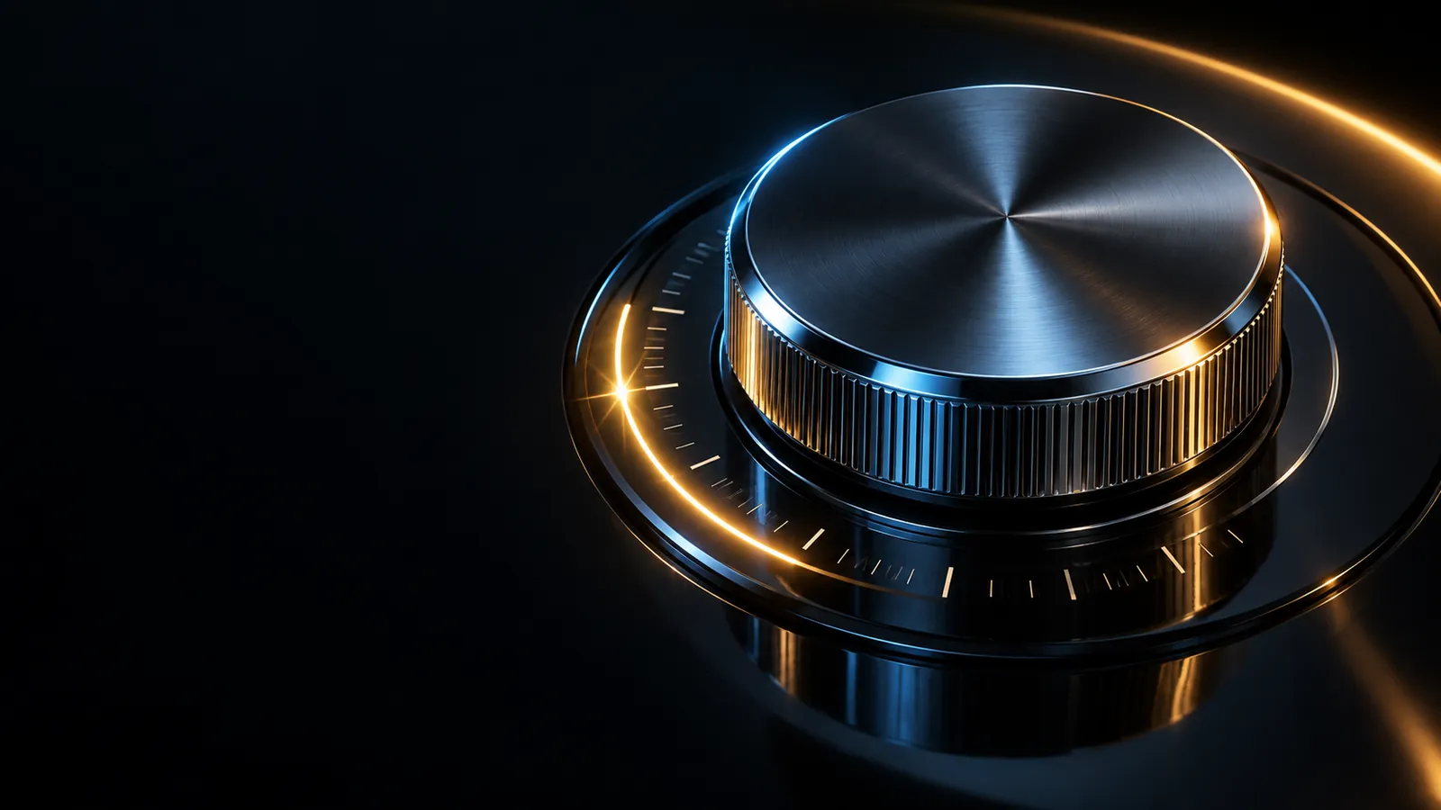 A chrome control dial traced by a gold arc of light, for ads run on cost per lead