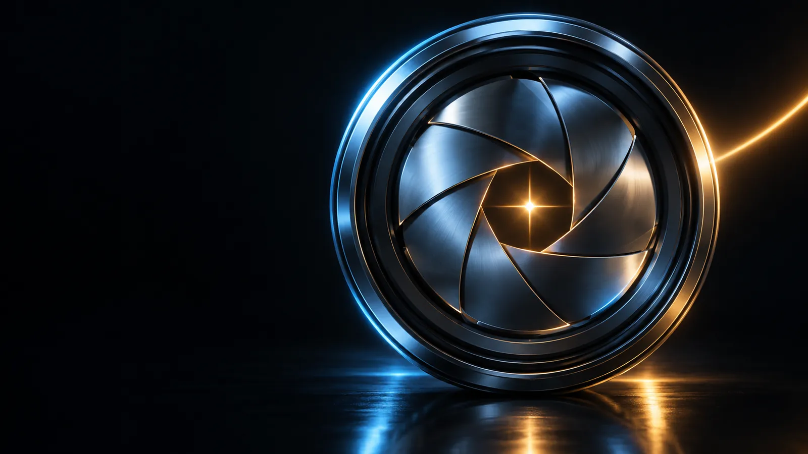 A chrome lens aperture with a gold glow at its centre, for AI video