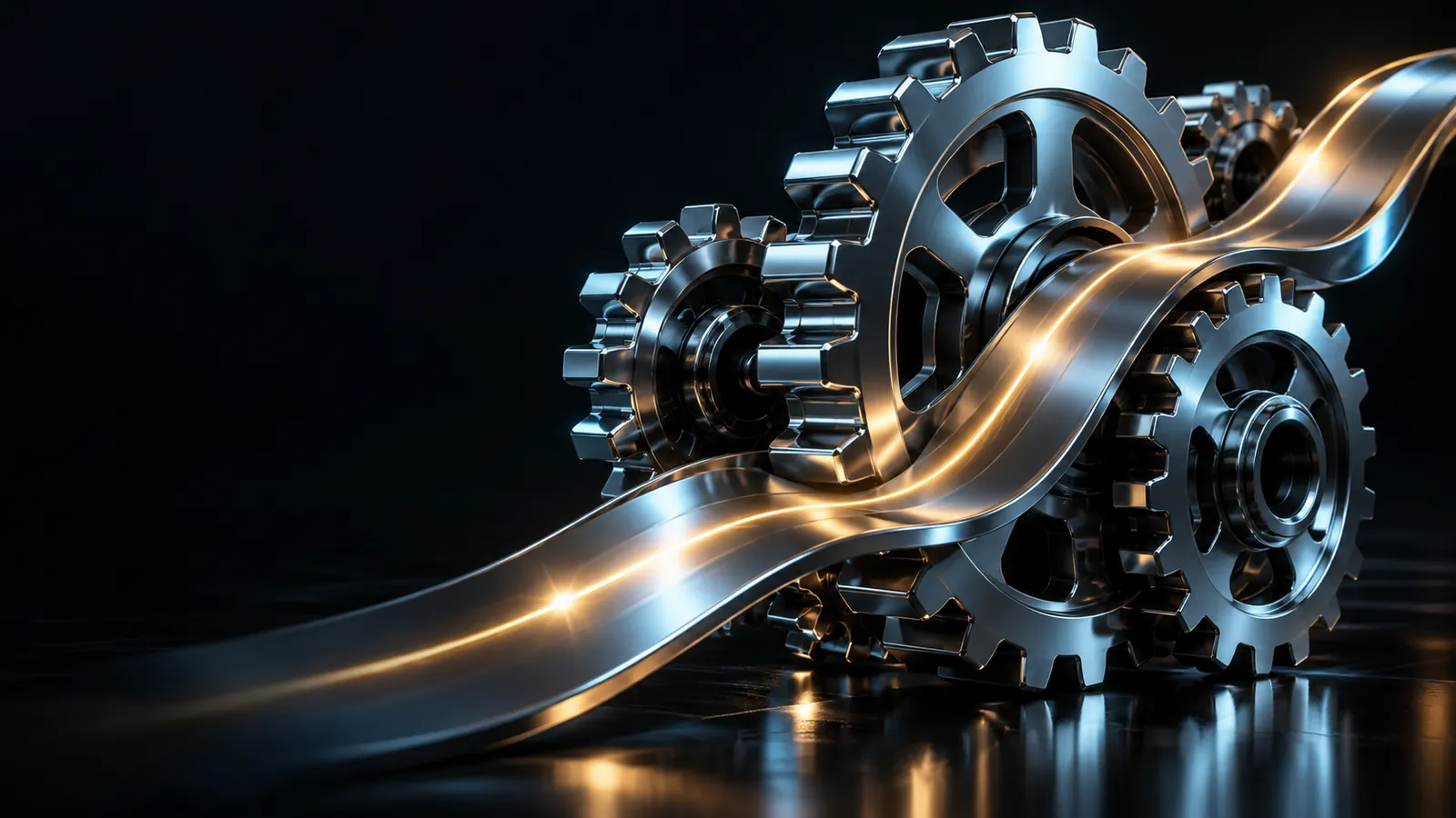 Chrome gears with a ribbon carrying a gold light pulse, for automation and follow-up