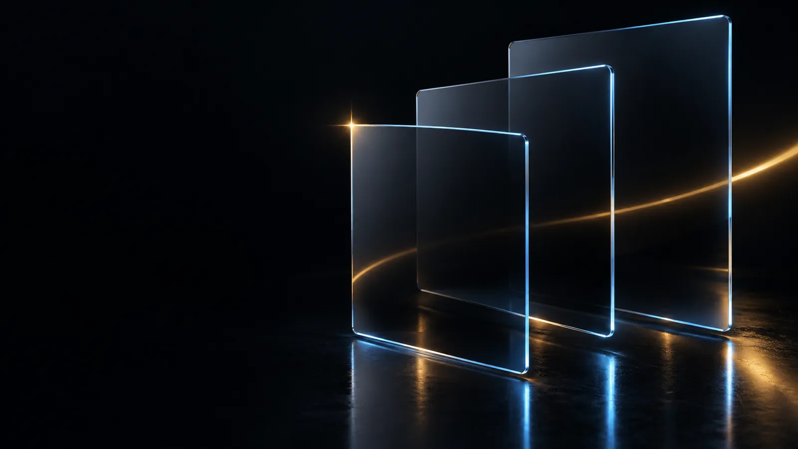 Smoked glass panes floating in perspective with blue edges and a gold star flare, for websites